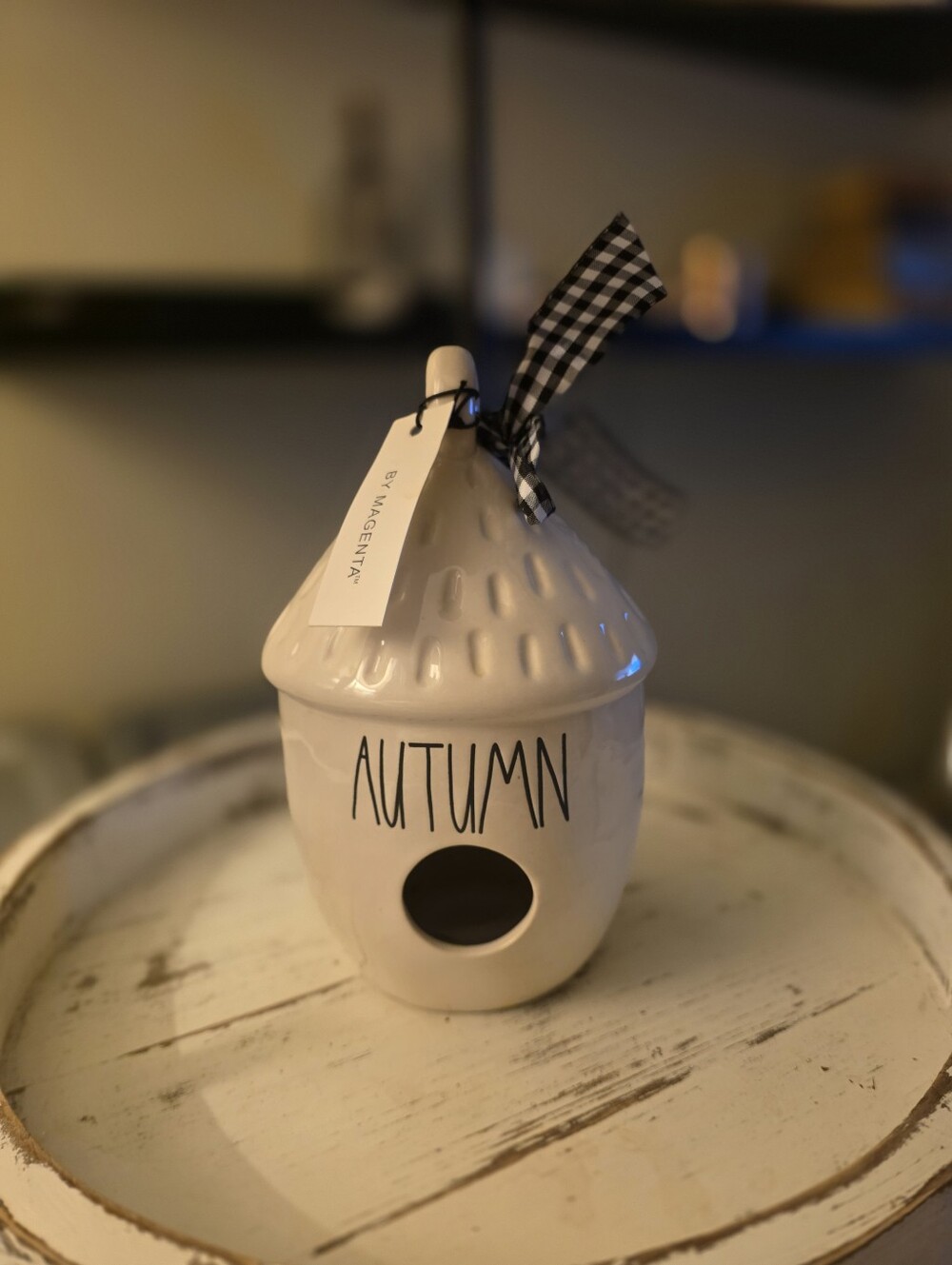 Rae Dunn White Ceramic 'AUTUMN' Acorn Birdhouse with Gingham Bow